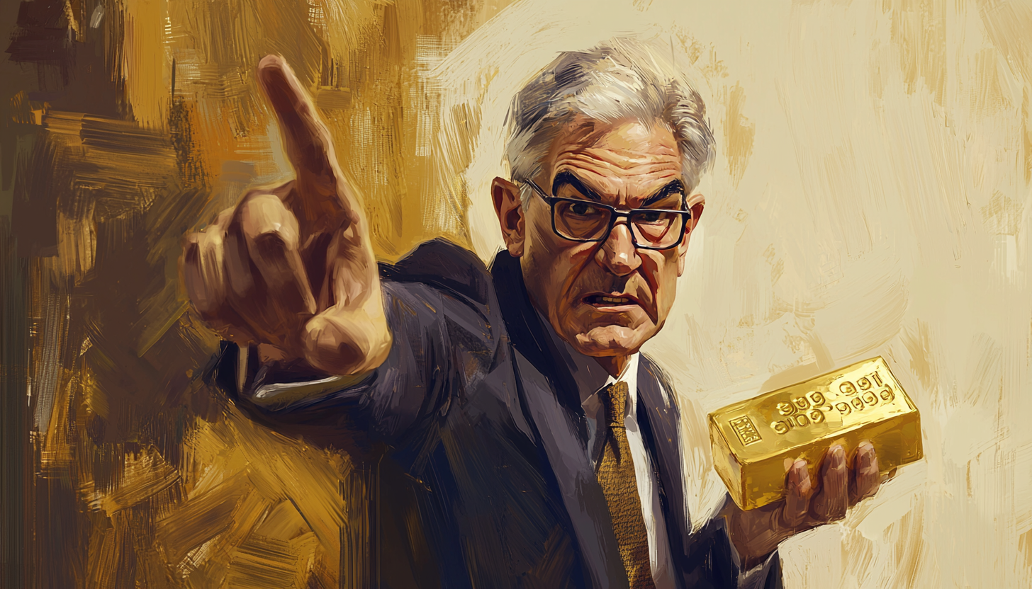 Artistic rendering of Jerome Powell holding a bar of gold