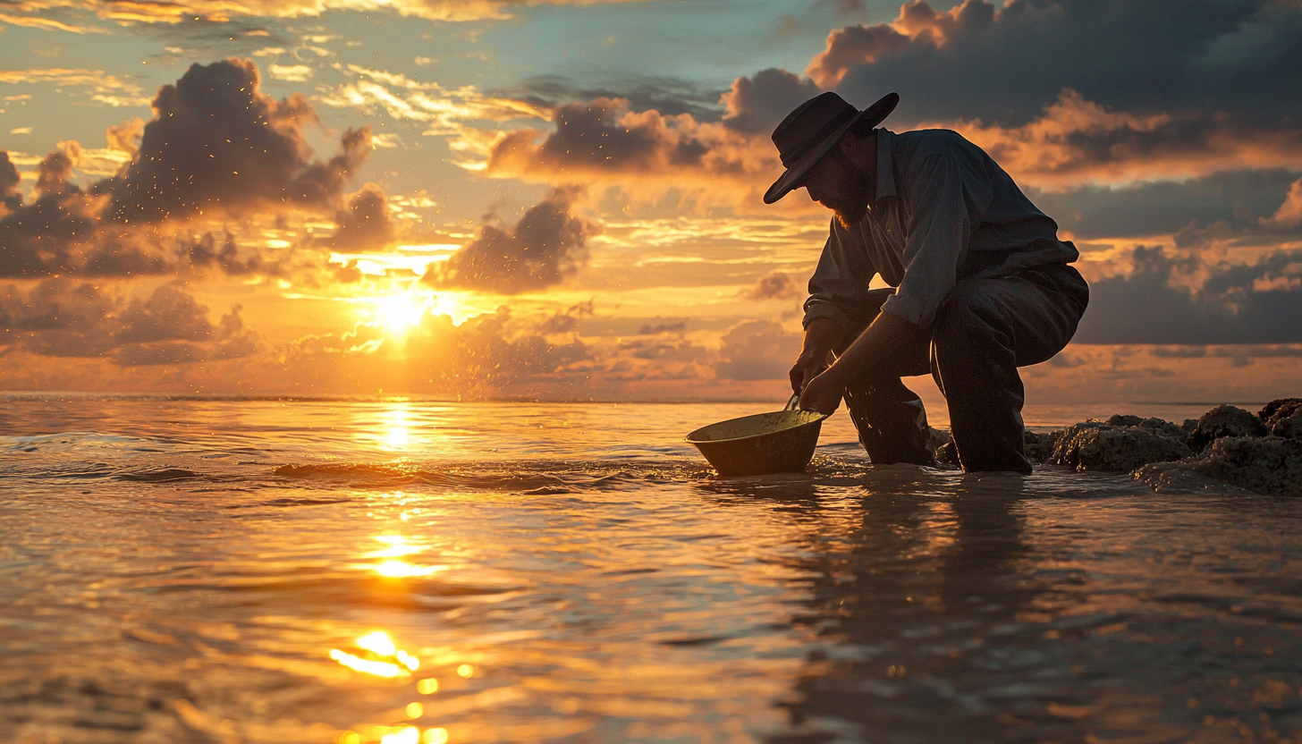 Old man prospecting for gold on the beach